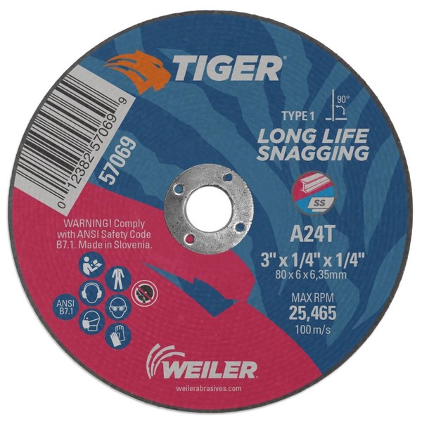 Weiler 3" x 1/4" TIGER AO Type 1 Snagging Wheel, A24T, 1/4" A.H. 57069